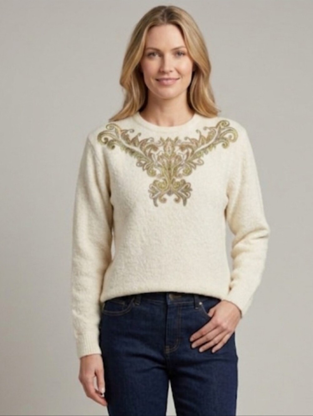 I.B. Diffusion Beaded Embellished Silk Blend Cream Sweater Women's Size Medium